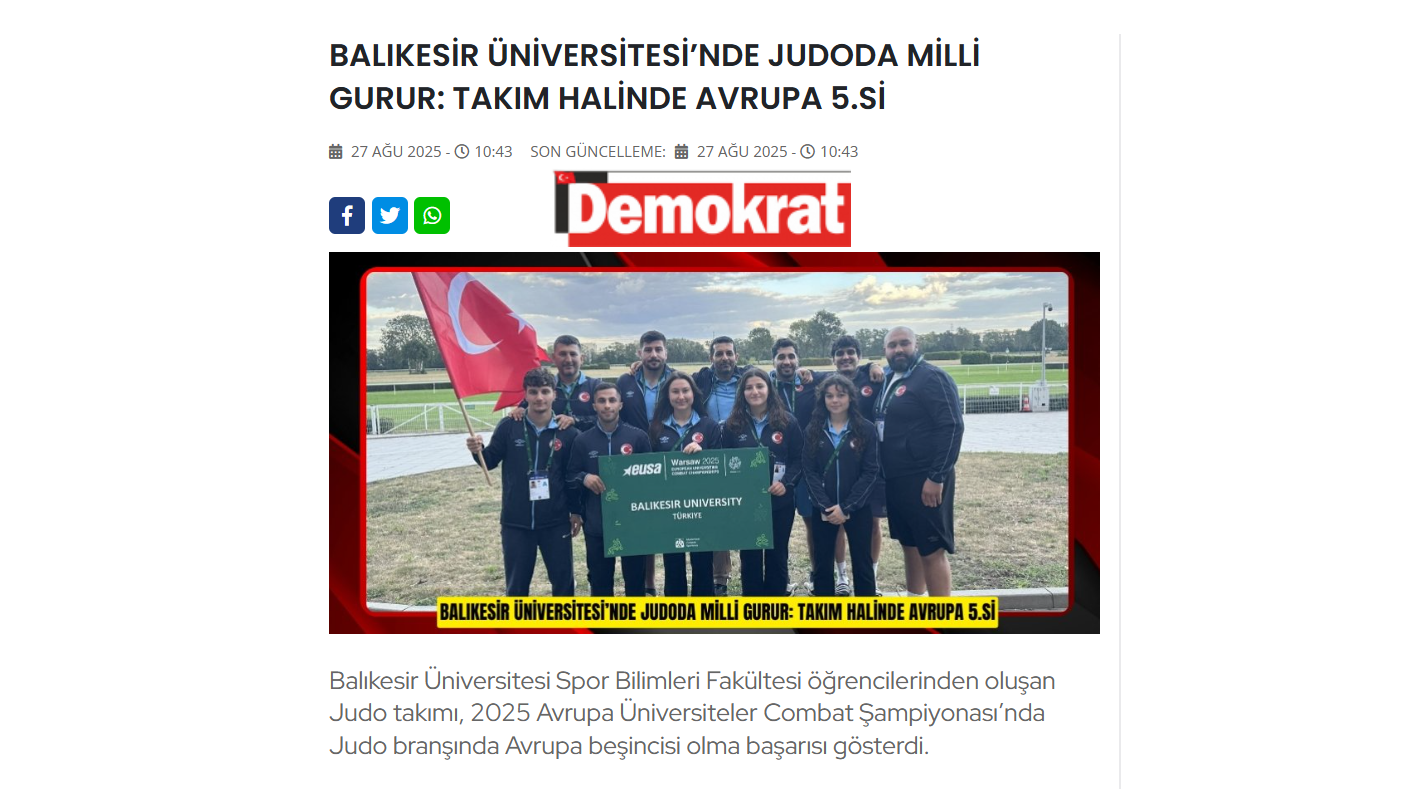BALIKESİR ÜNİVERSİTESİ’NDE JUDODA MİLLİ GURUR: TAKIM HALİNDE AVRUPA 5.Sİ