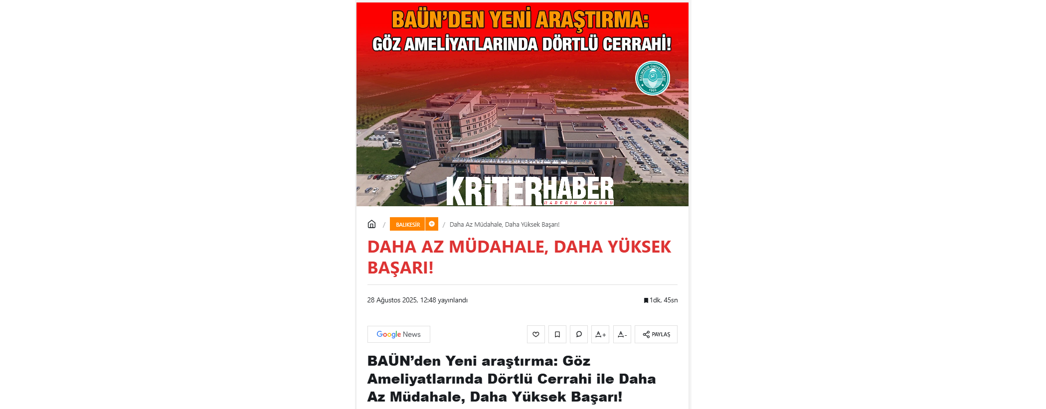 BAÜN’den Yeni araştırma: Göz Ameliyatlarında Dörtlü Cerrahi ile Daha Az Müdahale, Daha Yüksek Başarı!