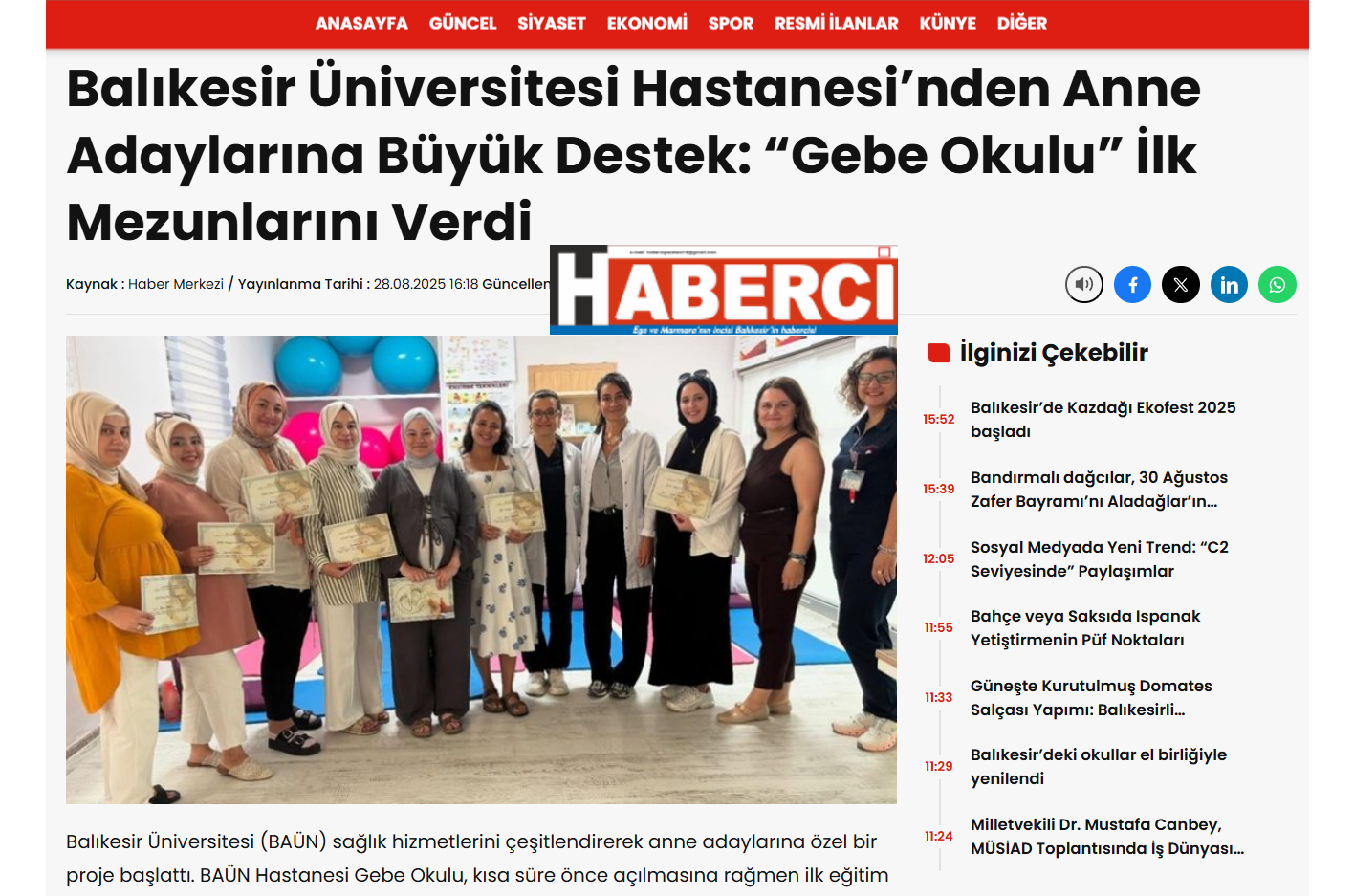 Balıkesir Üniversitesi Hastanesi'nden Anne Adaylarına Büyük Destek: 'Gebe Okulu' İlk Mezunlarını Verdi