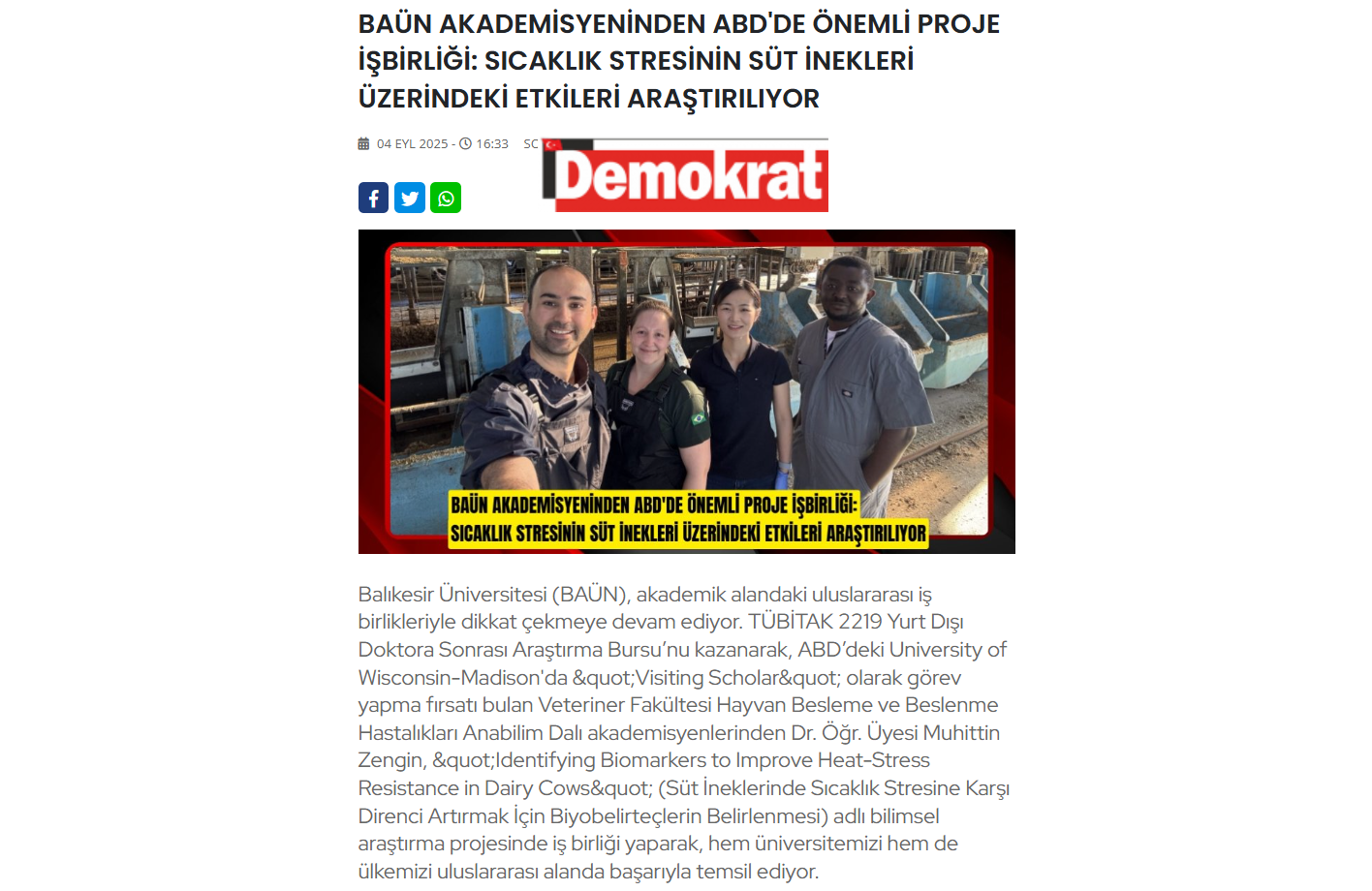 BAÜN AKADEMİSYENİNDEN ABD'DE ÖNEMLİ PROJE İŞBİRLİĞİ: SICAKLIK STRESİNİN SÜT İNEKLERİ ÜZERİNDEKİ ETKİLERİ ARAŞTIRILIYOR 