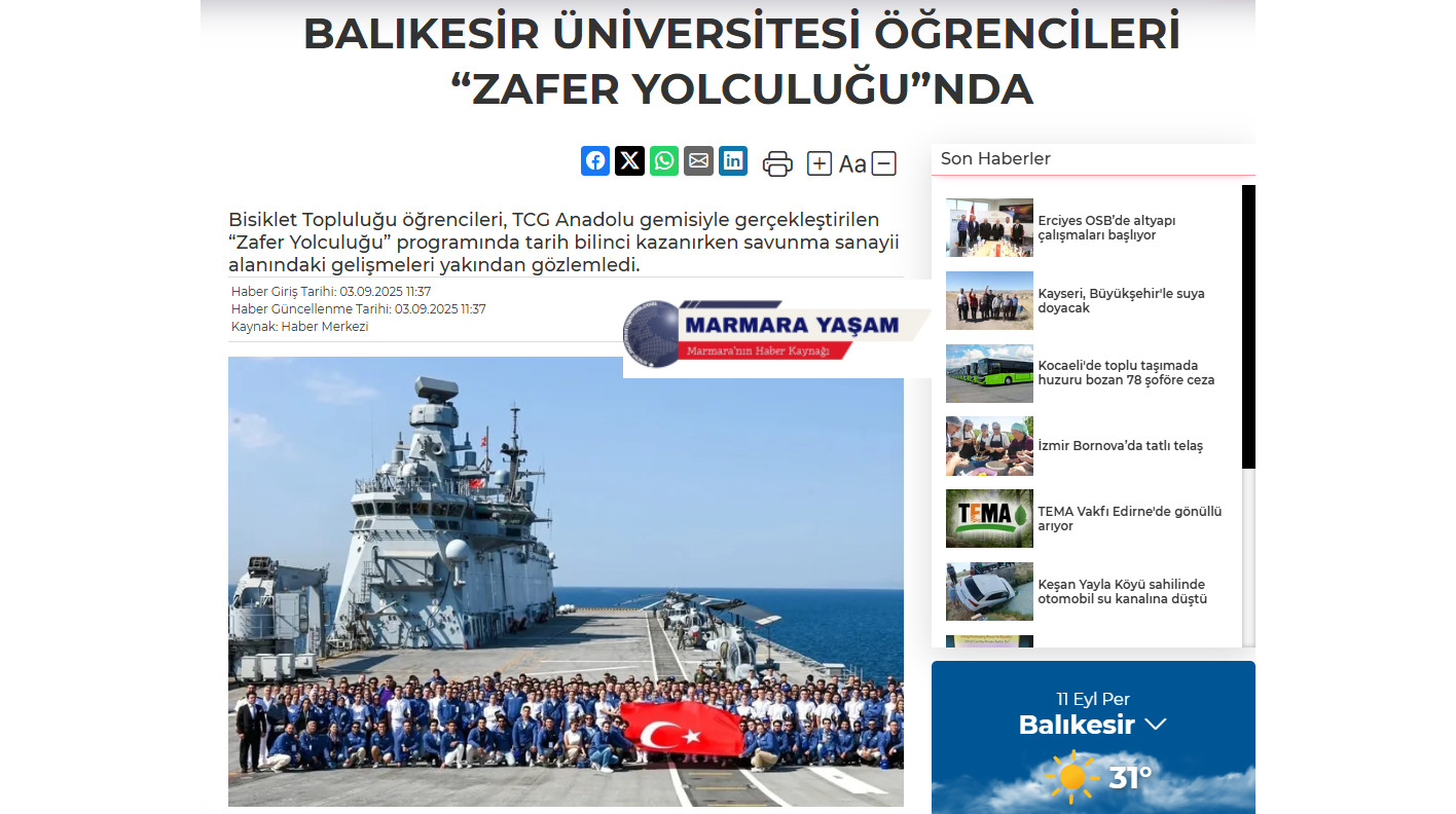 BALIKESİR ÜNİVERSİTESİ ÖĞRENCİLERİ “ZAFER YOLCULUĞU”NDA