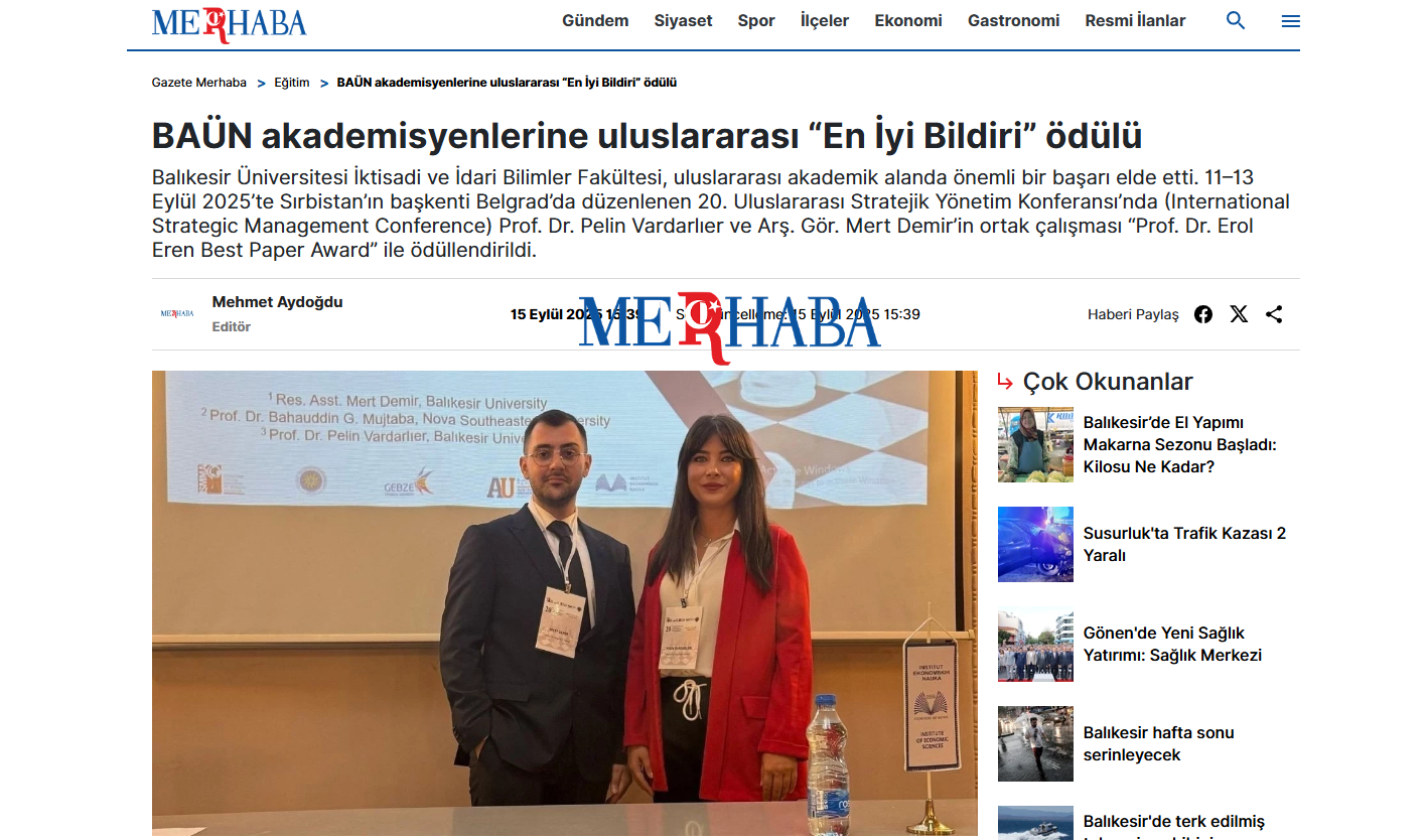 BAÜN akademisyenlerine uluslararası “En İyi Bildiri” ödülü