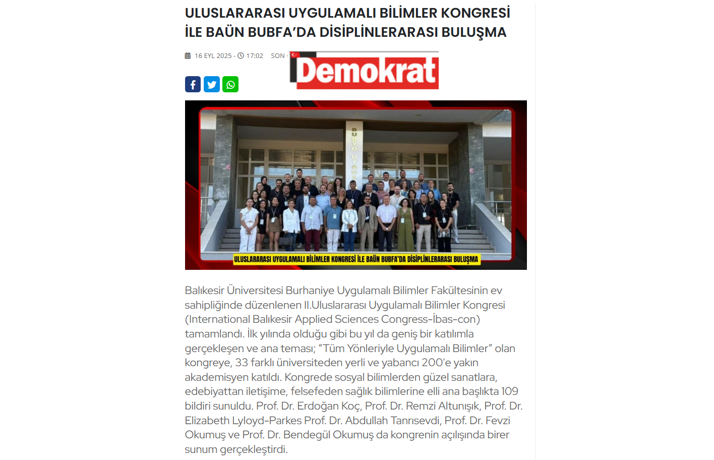 ULUSLARARASI UYGULAMALI BİLİMLER KONGRESİ İLE BAÜN BUBFA’DA DİSİPLİNLERARASI BULUŞMA