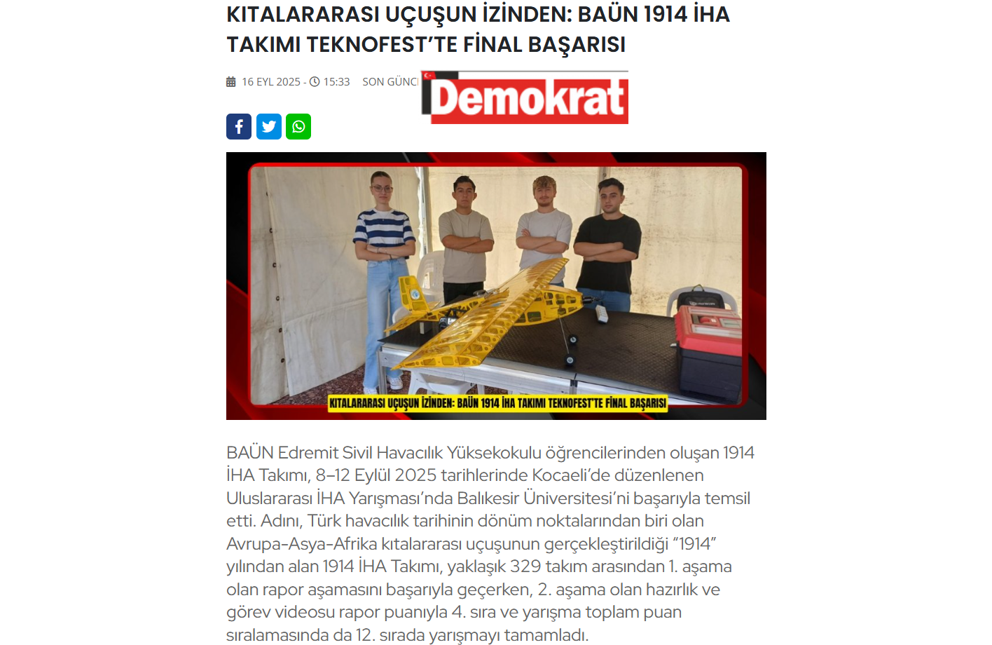 KITALARARASI UÇUŞUN İZİNDEN: BAÜN 1914 İHA TAKIMI TEKNOFEST’TE FİNAL BAŞARISI