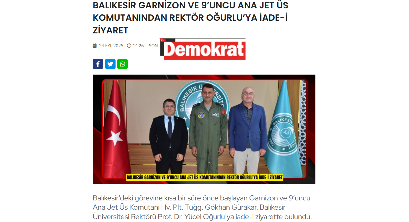 BALIKESİR GARNİZON VE 9’UNCU ANA JET ÜS KOMUTANINDAN REKTÖR OĞURLU’YA İADE-İ ZİYARET