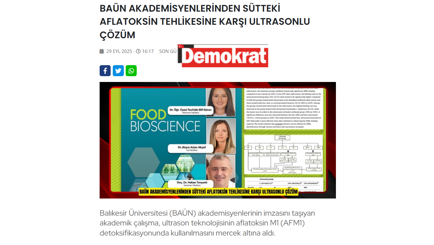 BAÜN AKADEMİSYENLERİNDEN SÜTTEKİ AFLATOKSİN TEHLİKESİNE KARŞI ULTRASONLU ÇÖZÜM