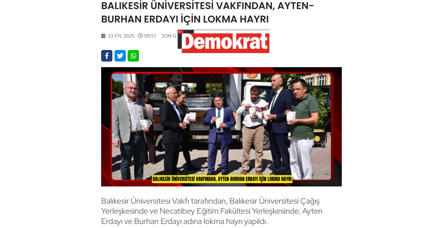 BALIKESİR ÜNİVERSİTESİ VAKFINDAN, AYTEN-BURHAN ERDAYI İÇİN LOKMA HAYRI