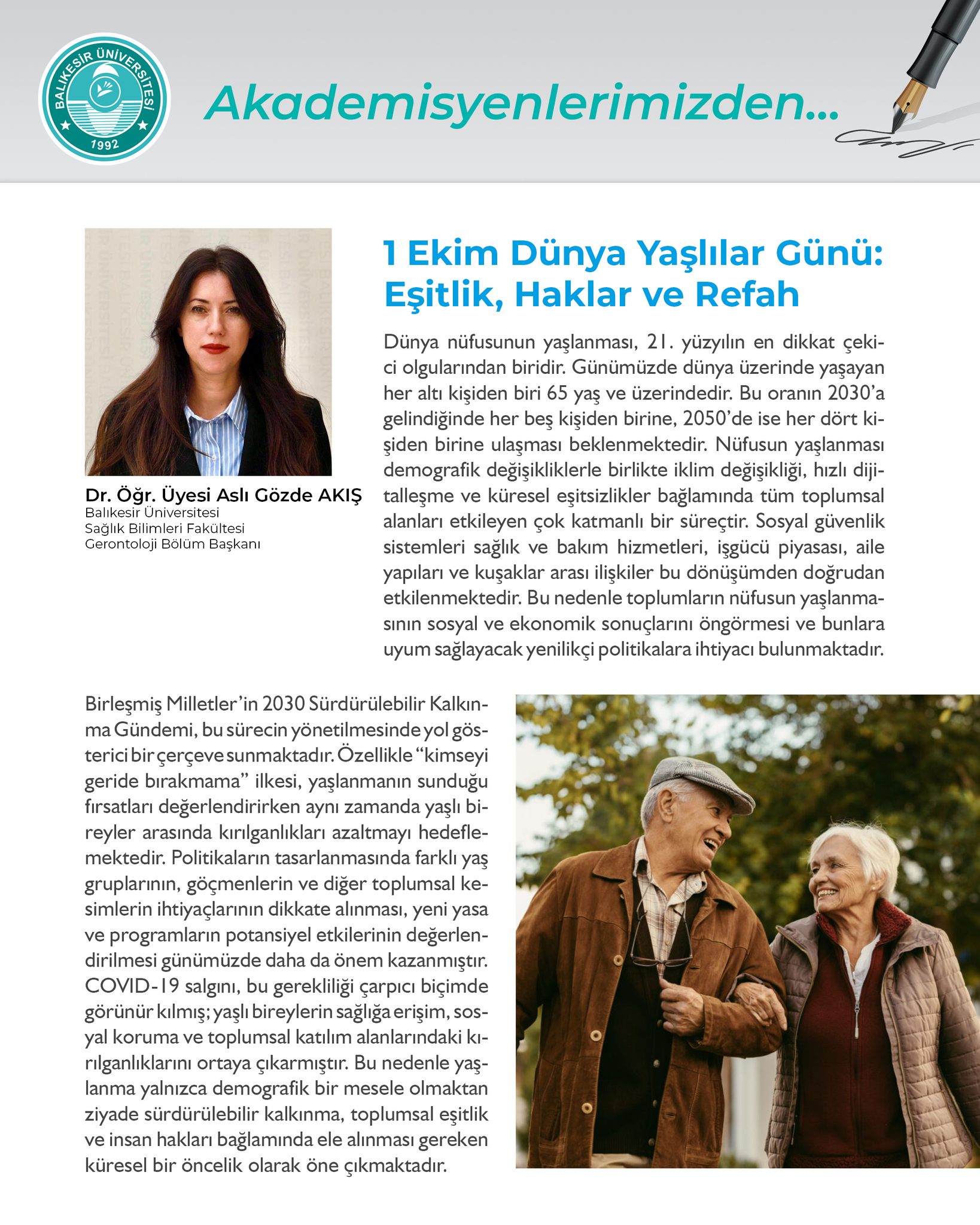 Akademisyenlerimizden; “1 Ekim Dünya Yaşlılar Günü: Eşitlik, Haklar Ve Refah” - Dr. Öğr. Üyesi Aslı Gözde Akış- Sağlık Bilimleri Fakültesi Gerontoloji Bölümü Başkanı 2
