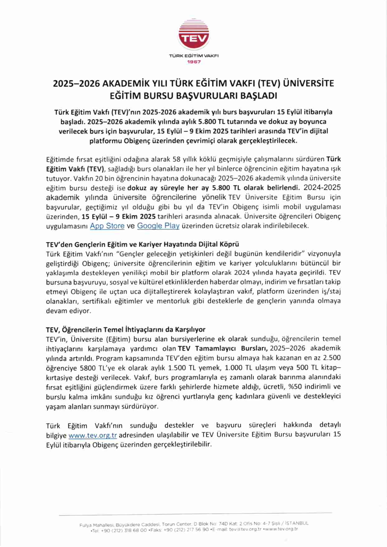 2025-2026 Academic Year TEV University Education Scholarship Quota Announcement 2