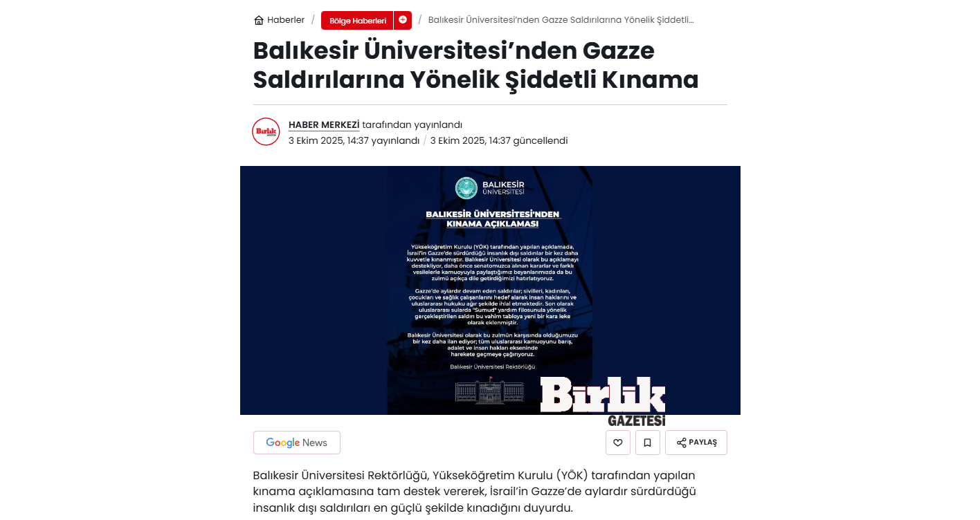 Balıkesir Üniversitesi’nden Gazze Saldırılarına Yönelik Şiddetli Kınama