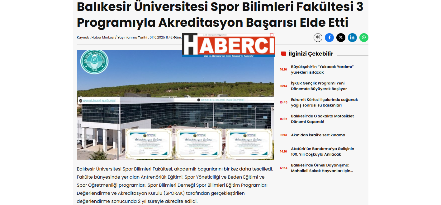 Balıkesir Üniversitesi Spor Bilimleri Fakültesi 3 Programlarıyla Akreditasyon Başarısı Elde Etti