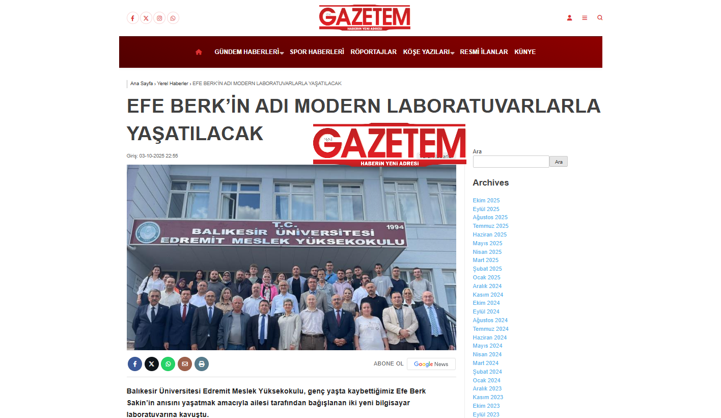 EFE BERK’İN ADI MODERN LABORATUVARLARLA YAŞATILACAK
