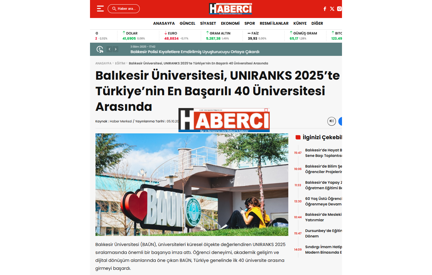 Balıkesir Üniversitesi, UNIRANKS 2025' te Türkiye'nin En başarılı 40 Üniversitesi Arasında