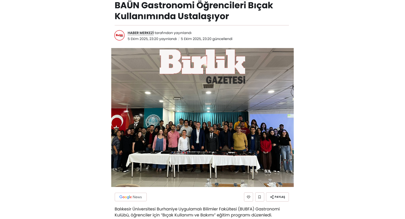 BAÜN Gastronomi Öğrencileri Bıçak Kullanımında Ustalaşıyor