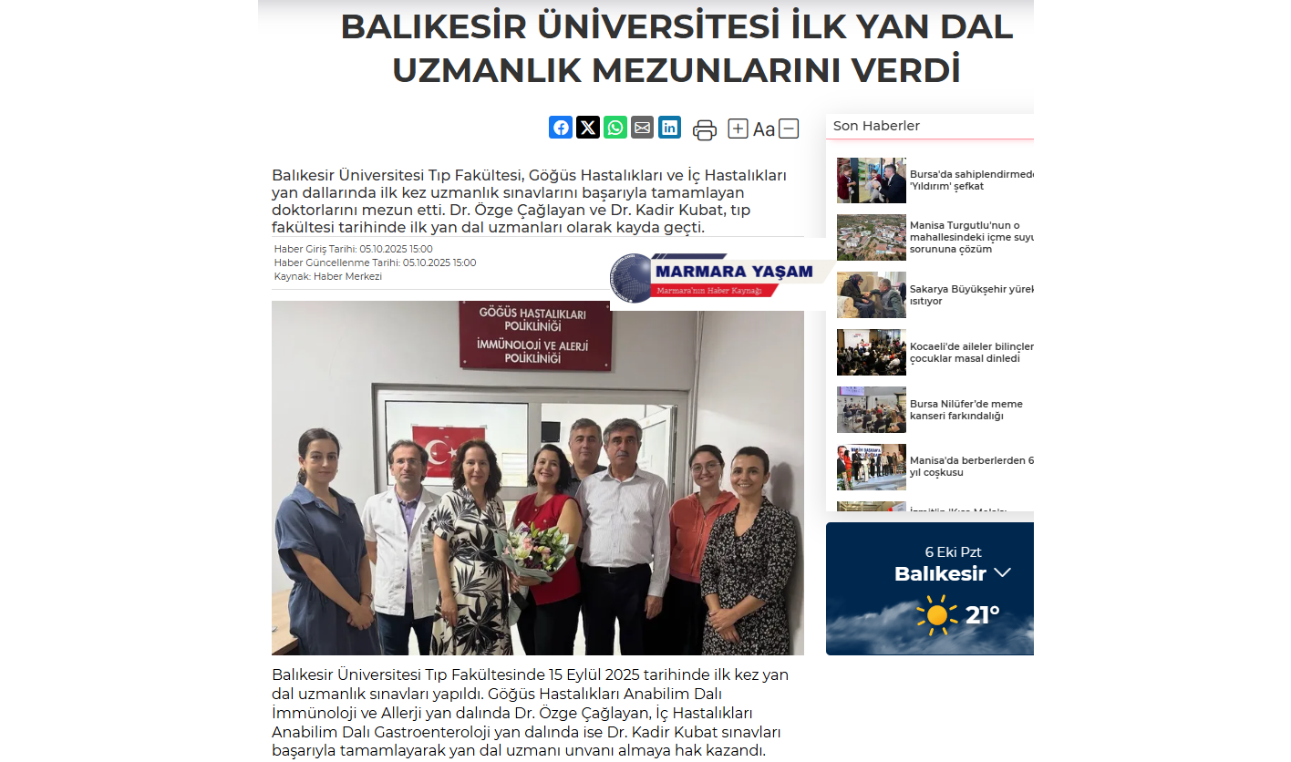 BALIKESİR ÜNİVERSİTESİ İLK YAN DAL UZMANLIK MEZUNLARINI VERDİ