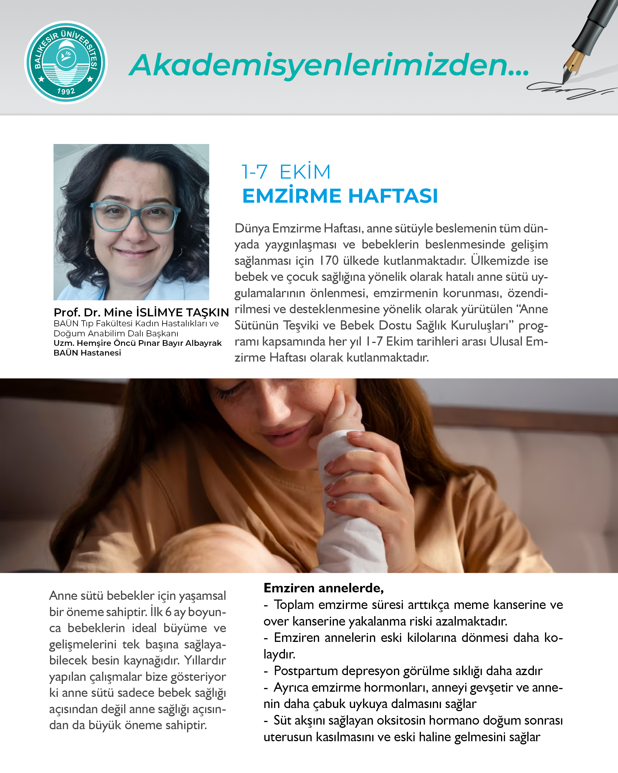 Akademisyenlerimizden; "1-7 Ekim Emzirme Haftası" Prof. Dr. Mine İslimye Taşkın/Kadın Hastalıkları ve Doğum Anabilim Dalı Başkanı -Uzman Hemşire Öncü Pınar Bayır Albayrak/BAÜN Hastanesi 2