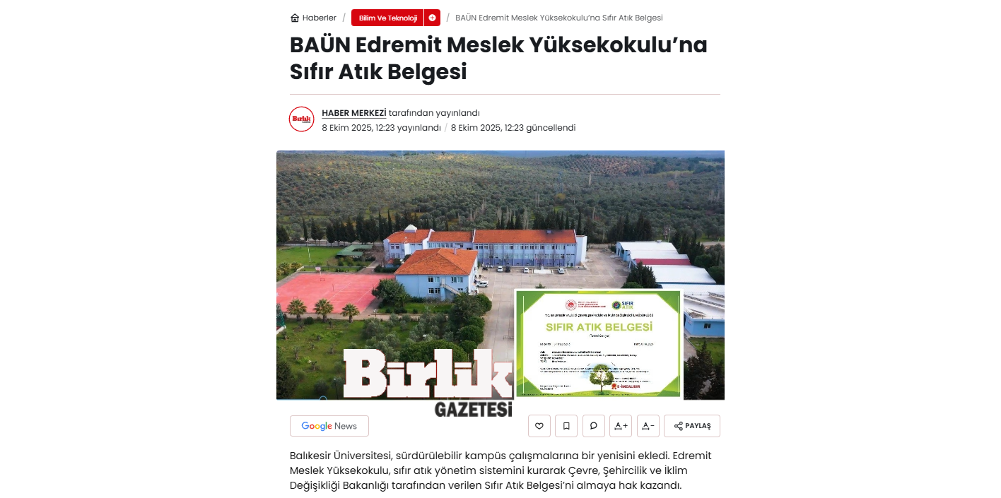 BAÜN Edremit Meslek Yüksekokulu’na Sıfır Atık Belgesi