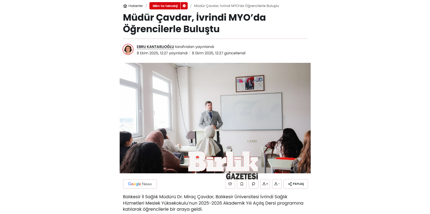 Müdür Çavdar, İvrindi MYO’da Öğrencilerle Buluştu
