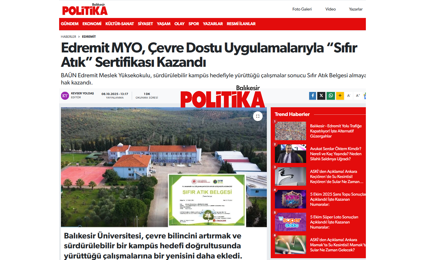 Edremit MYO, Çevre Dostu Uygulamalarıyla “Sıfır Atık” Sertifikası Kazandı