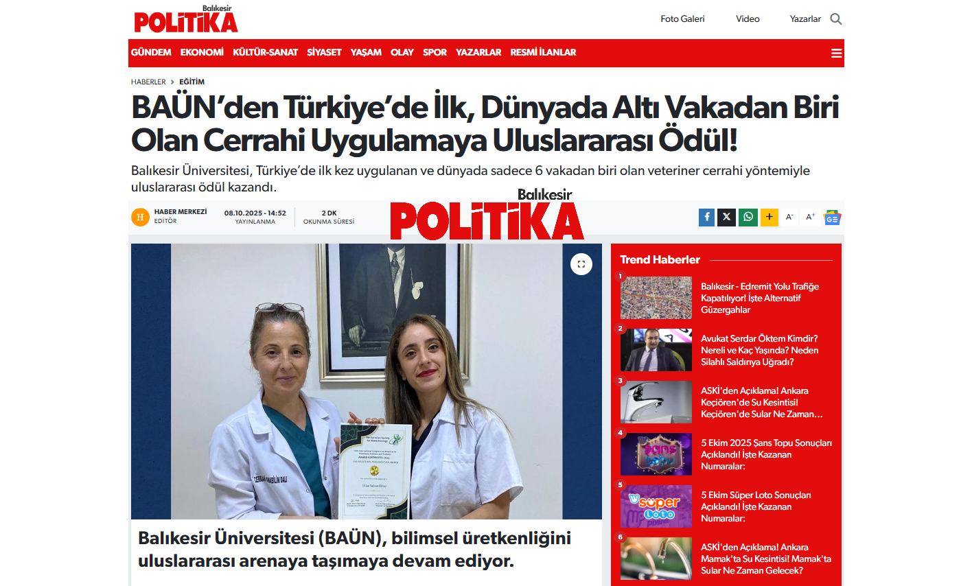 BAÜN’den Türkiye’de İlk, Dünyada Altı Vakadan Biri Olan Cerrahi Uygulamaya Uluslararası Ödül!