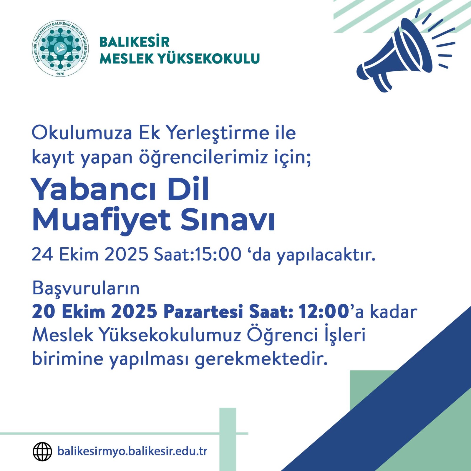 Ek Yerleştirme İle Kaydolan Öğrencilerimiz İçin Yabancı Dil Muafiyet Sınavı Duyurusu 1