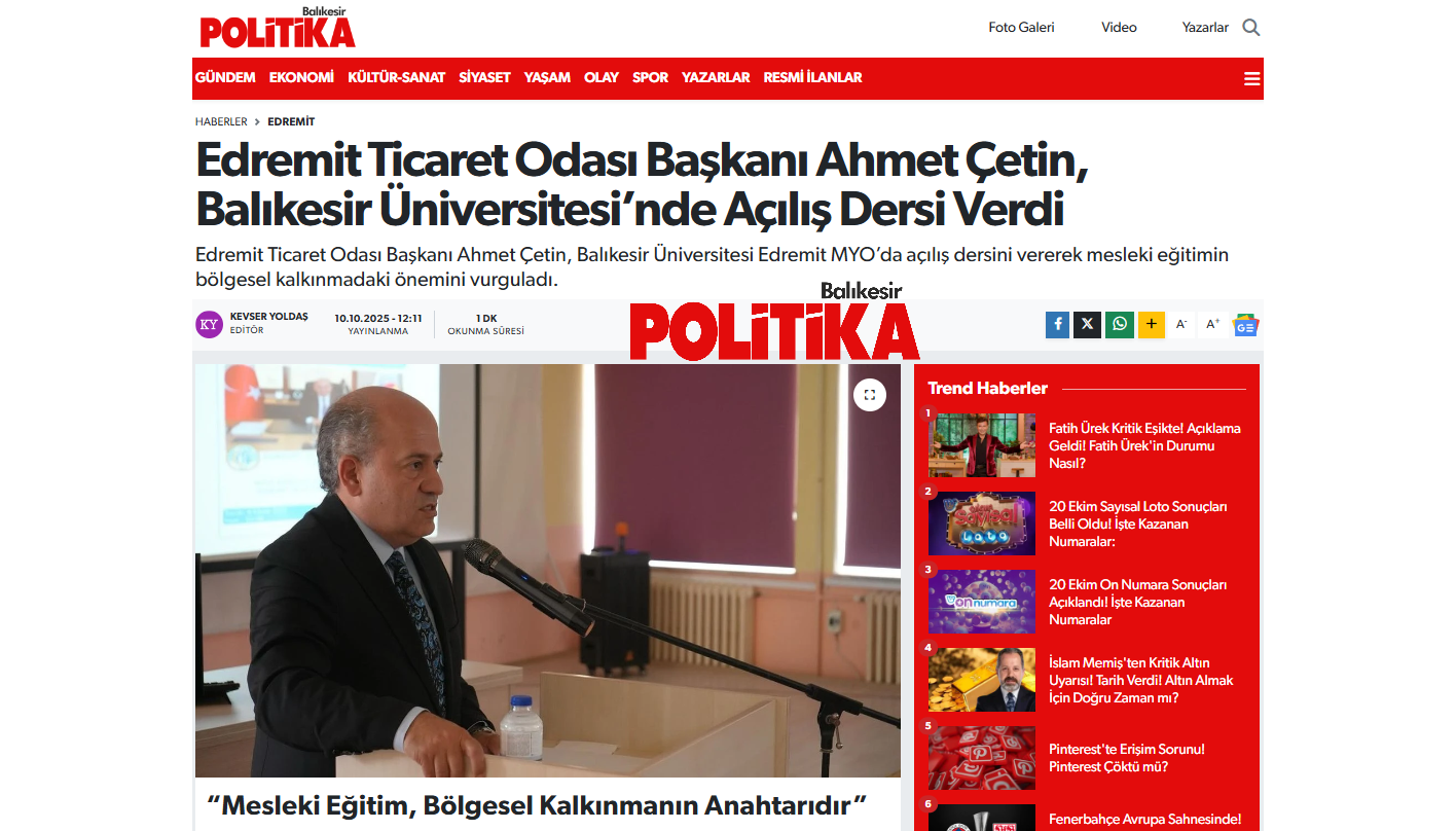 Edremit Ticaret Odası Başkanı Ahmet Çetin, Balıkesir Üniversitesi’nde Açılış Dersi Verdi