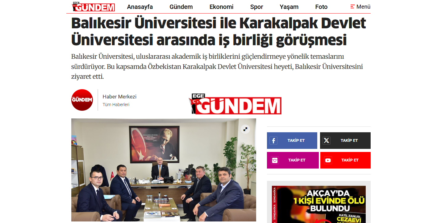 Balıkesir Üniversitesi ile Karakalpak Devlet Üniversitesi arasında iş birliği görüşmesi