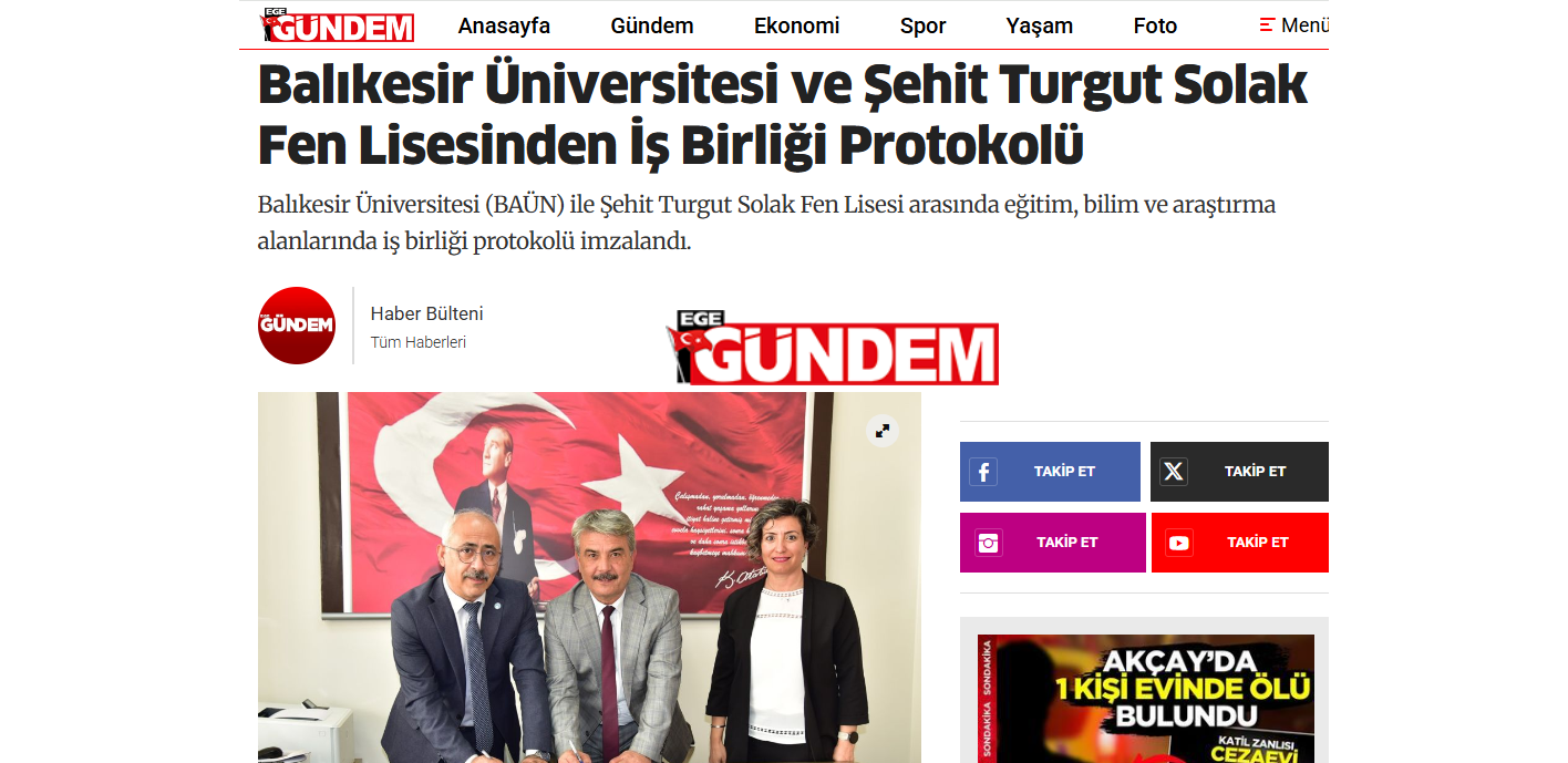 Balıkesir Üniversitesi ve Şehit Turgut Solak Fen Lisesinden İş Birliği Protokolü