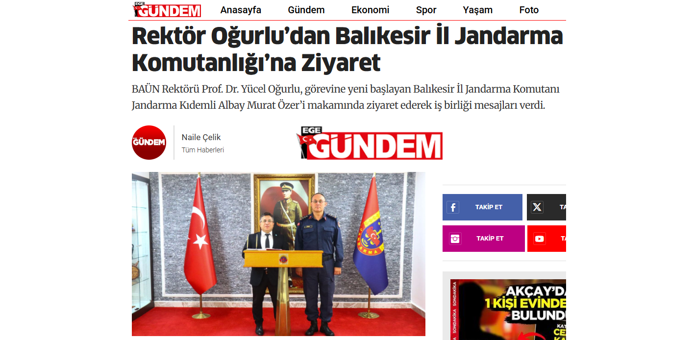Rektör Oğurlu’dan Balıkesir İl Jandarma Komutanlığı’na Ziyaret