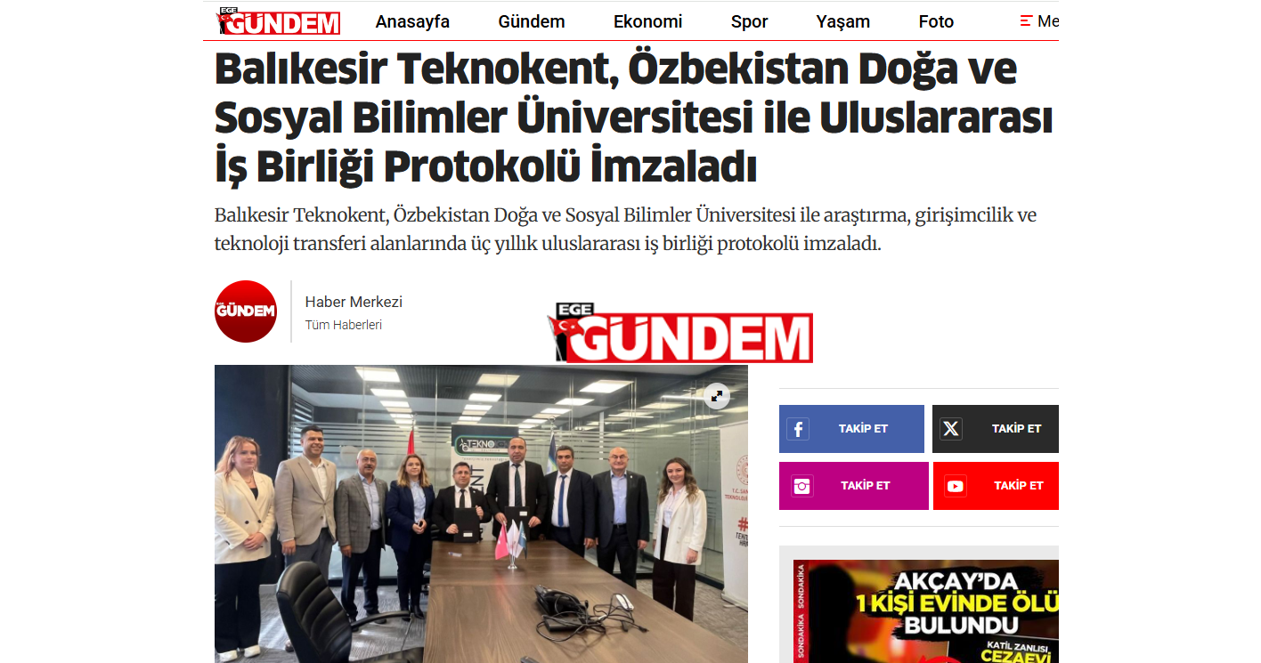 Balıkesir Teknokent, Özbekistan Doğa ve Sosyal Bilimler Üniversitesi ile Uluslararası İş Birliği Protokolü İmzaladı