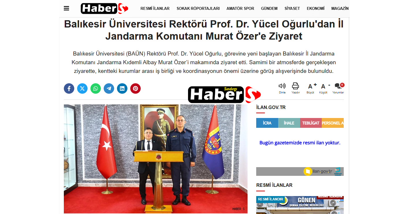 Balıkesir Üniversitesi Rektörü Prof. Dr. Yücel Oğurlu'dan İl Jandarma Komutanı Murat Özer'e Ziyaret