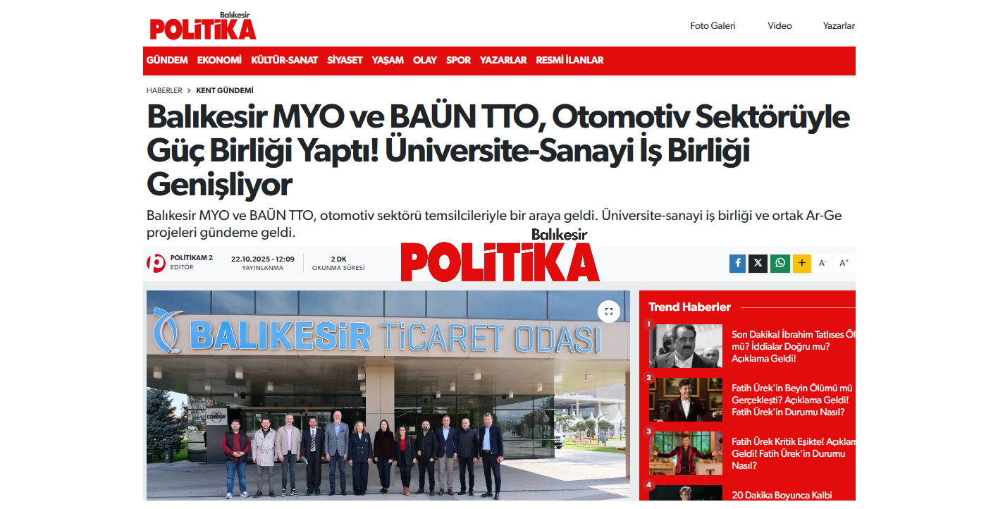 Balıkesir MYO ve BAÜN TTO, Otomotiv Sektörüyle Güç Birliği Yaptı! Üniversite-Sanayi İş Birliği Genişliyor