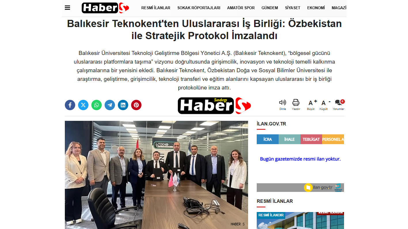 Balıkesir Teknokent'ten Uluslararası İş Birliği: Özbekistan ile Stratejik Protokol İmzalandı