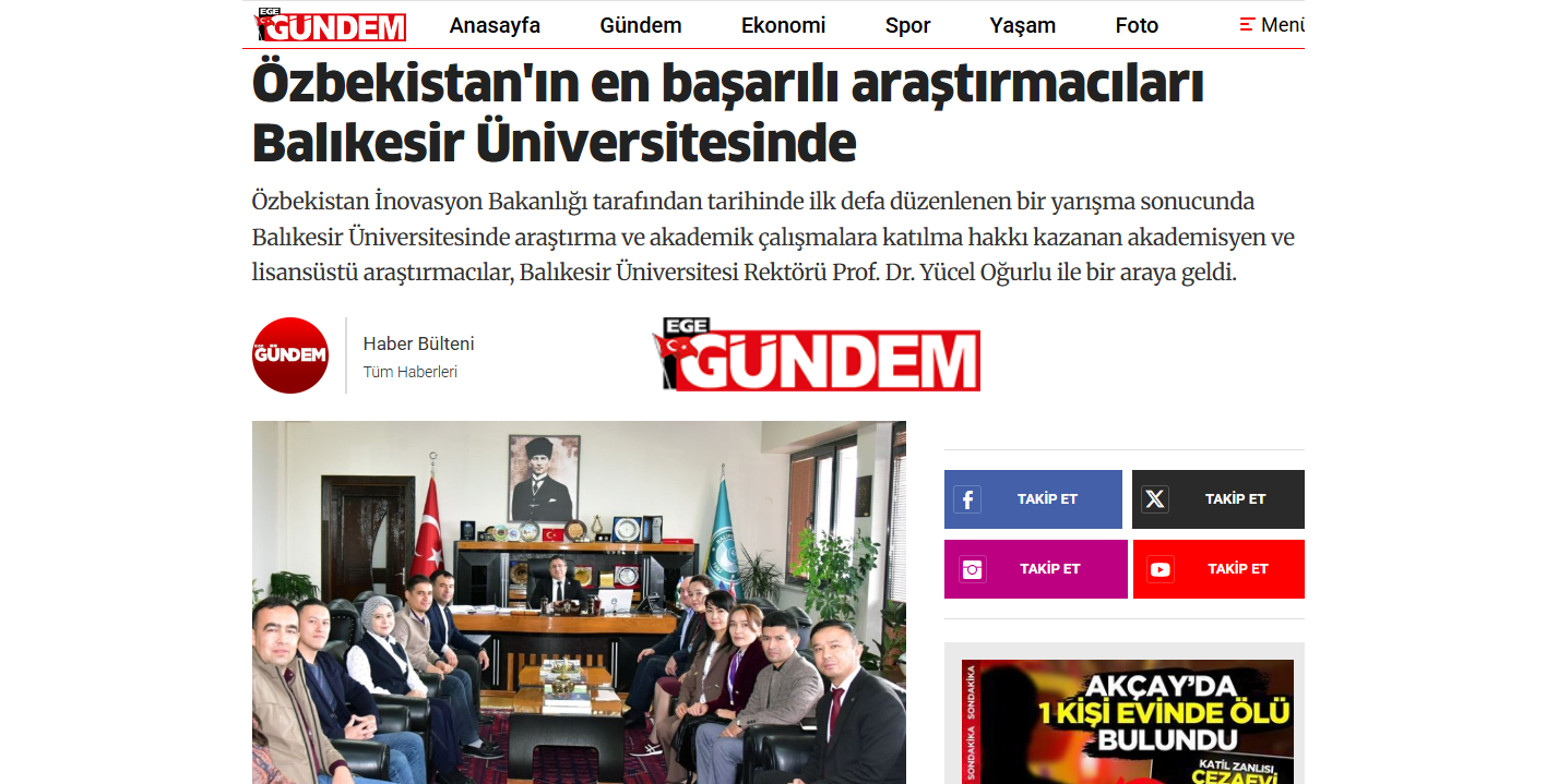 Özbekistan'ın en başarılı araştırmacıları Balıkesir Üniversitesinde