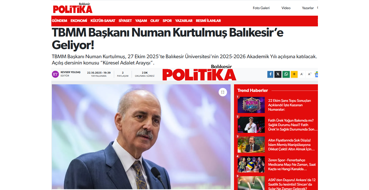 TBMM Başkanı Numan Kurtulmuş Balıkesir’e Geliyor!