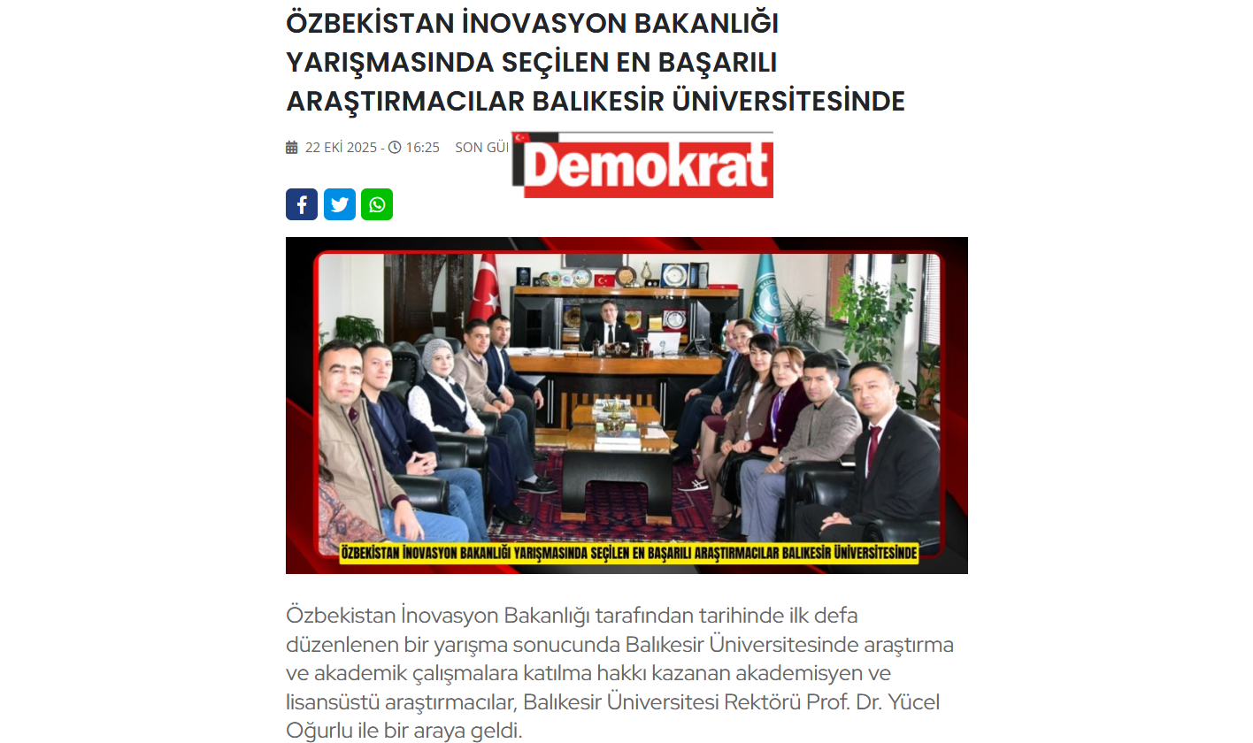 ÖZBEKİSTAN İNOVASYON BAKANLIĞI YARIŞMASINDA SEÇİLEN EN BAŞARILI ARAŞTIRMACILAR BALIKESİR ÜNİVERSİTESİNDE