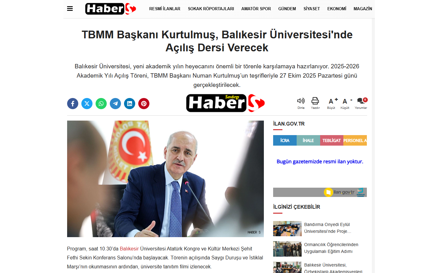 TBMM Başkanı Kurtulmuş, Balıkesir Üniversitesi'nde Açılış Dersi Verecek