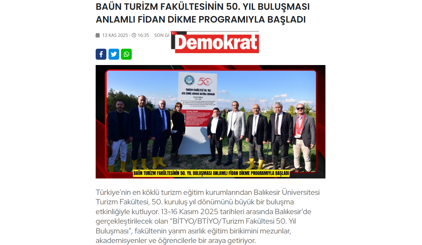 BAÜN TURİZM FAKÜLTESİNİN 50. YIL BULUŞMASI ANLAMLI FİDAN DİKME PROGRAMIYLA BAŞLADI