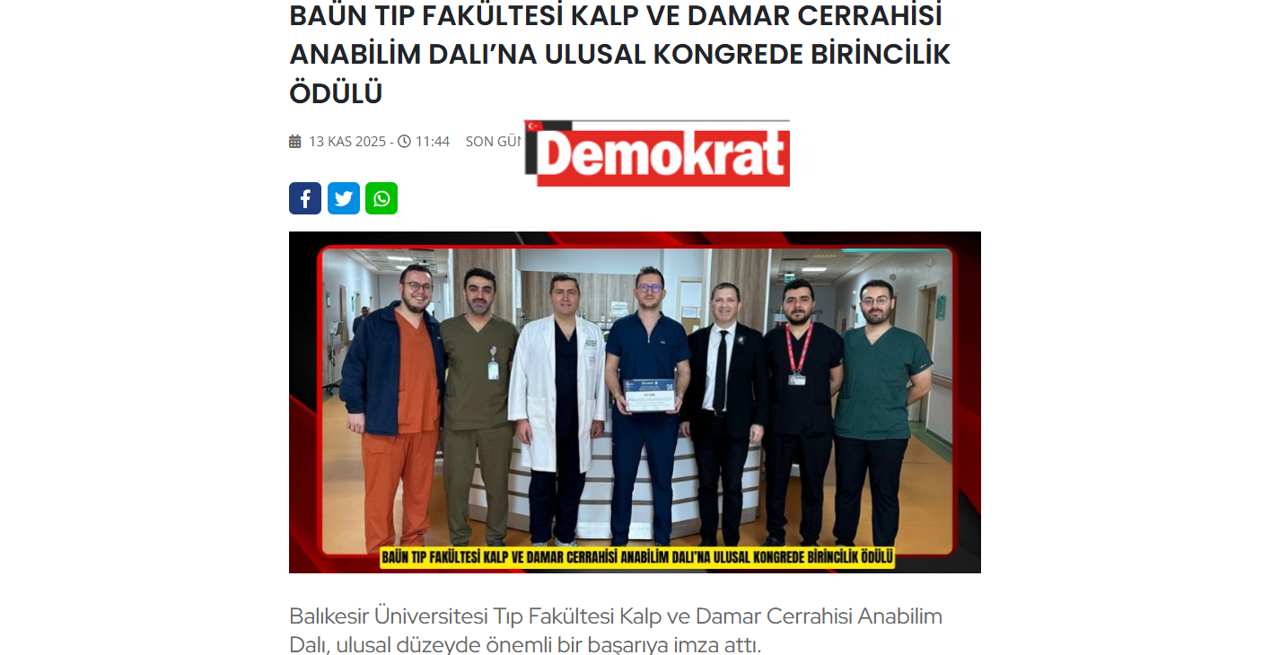BAÜN TIP FAKÜLTESİ KALP VE DAMAR CERRAHİSİ ANABİLİM DALI’NA ULUSAL KONGREDE BİRİNCİLİK ÖDÜLÜ