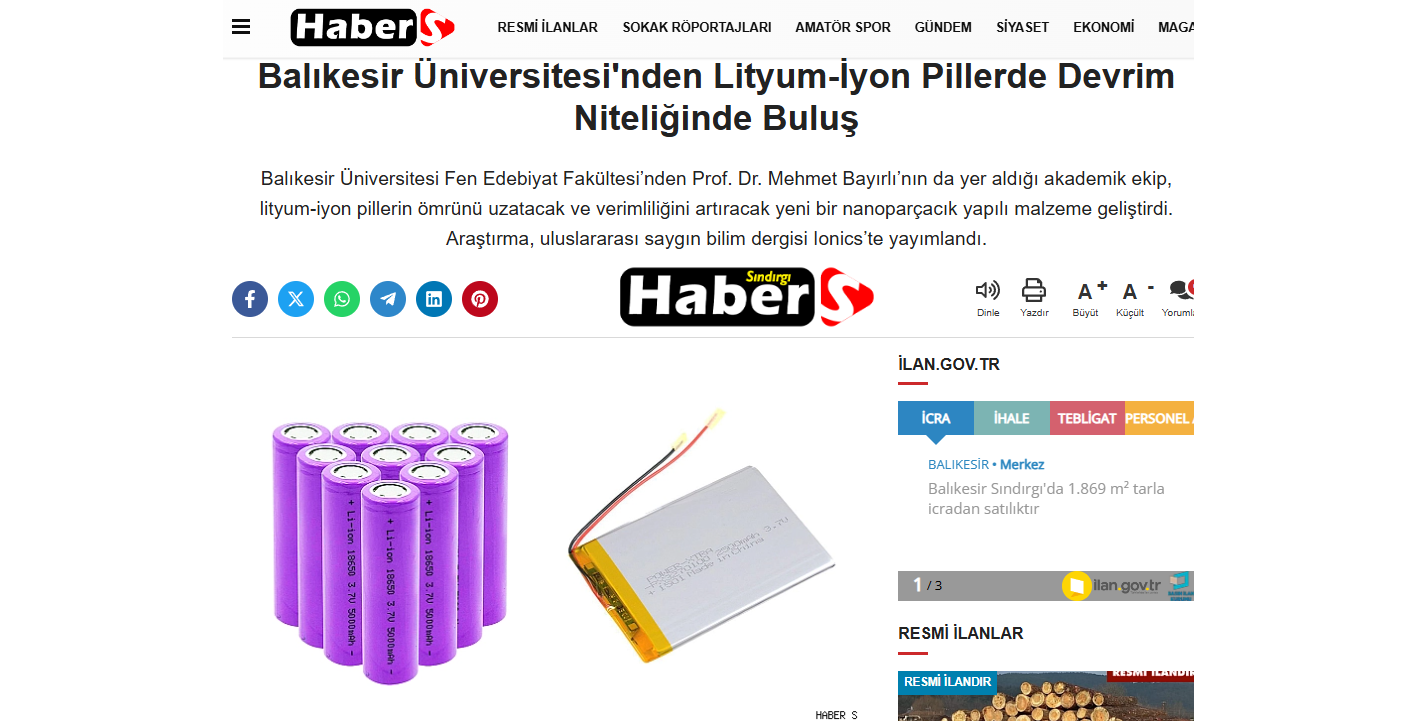 Balıkesir Üniversitesi'nden Lityum-İyon Pillerde Devrim Niteliğinde Buluş