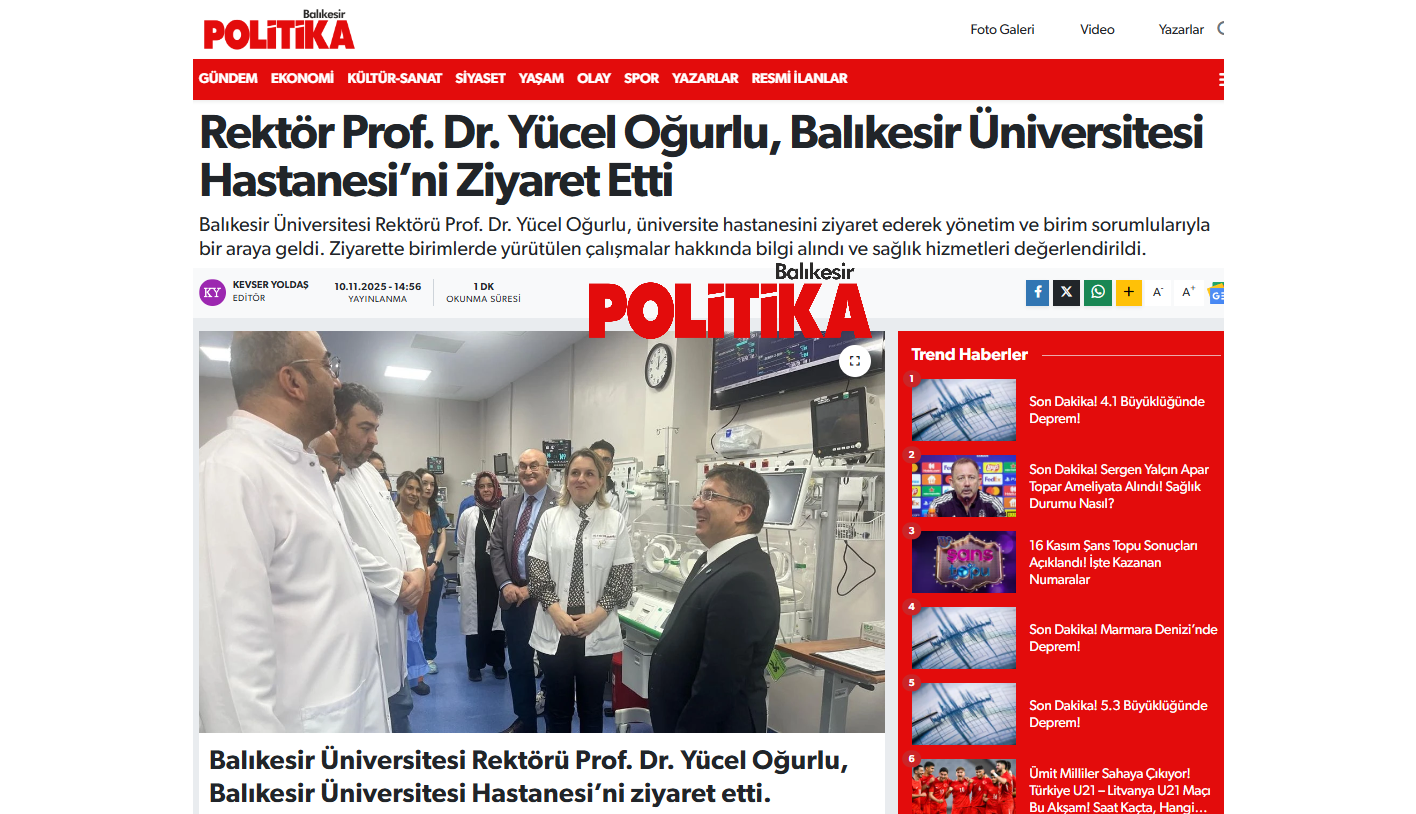 Rektör Prof. Dr. Yücel Oğurlu, Balıkesir Üniversitesi Hastanesi’ni Ziyaret Etti