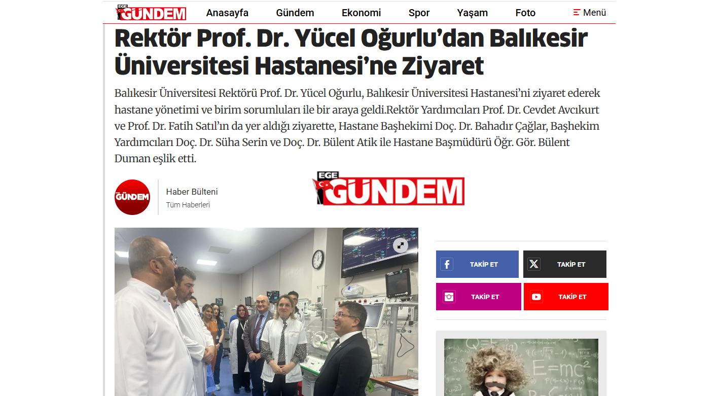 Rektör Prof. Dr. Yücel Oğurlu’dan Balıkesir Üniversitesi Hastanesi’ne Ziyaret