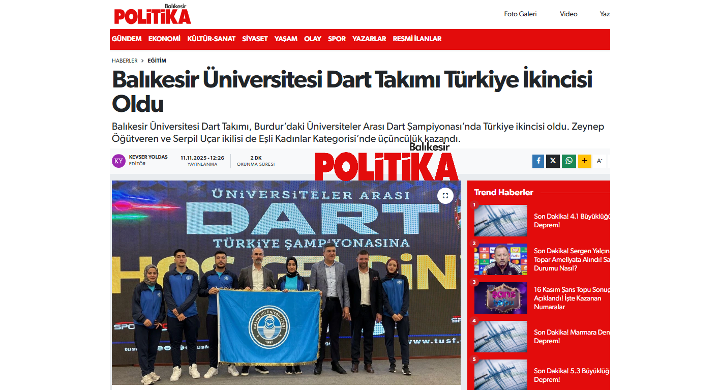 Balıkesir Üniversitesi Dart Takımı Türkiye İkincisi Oldu