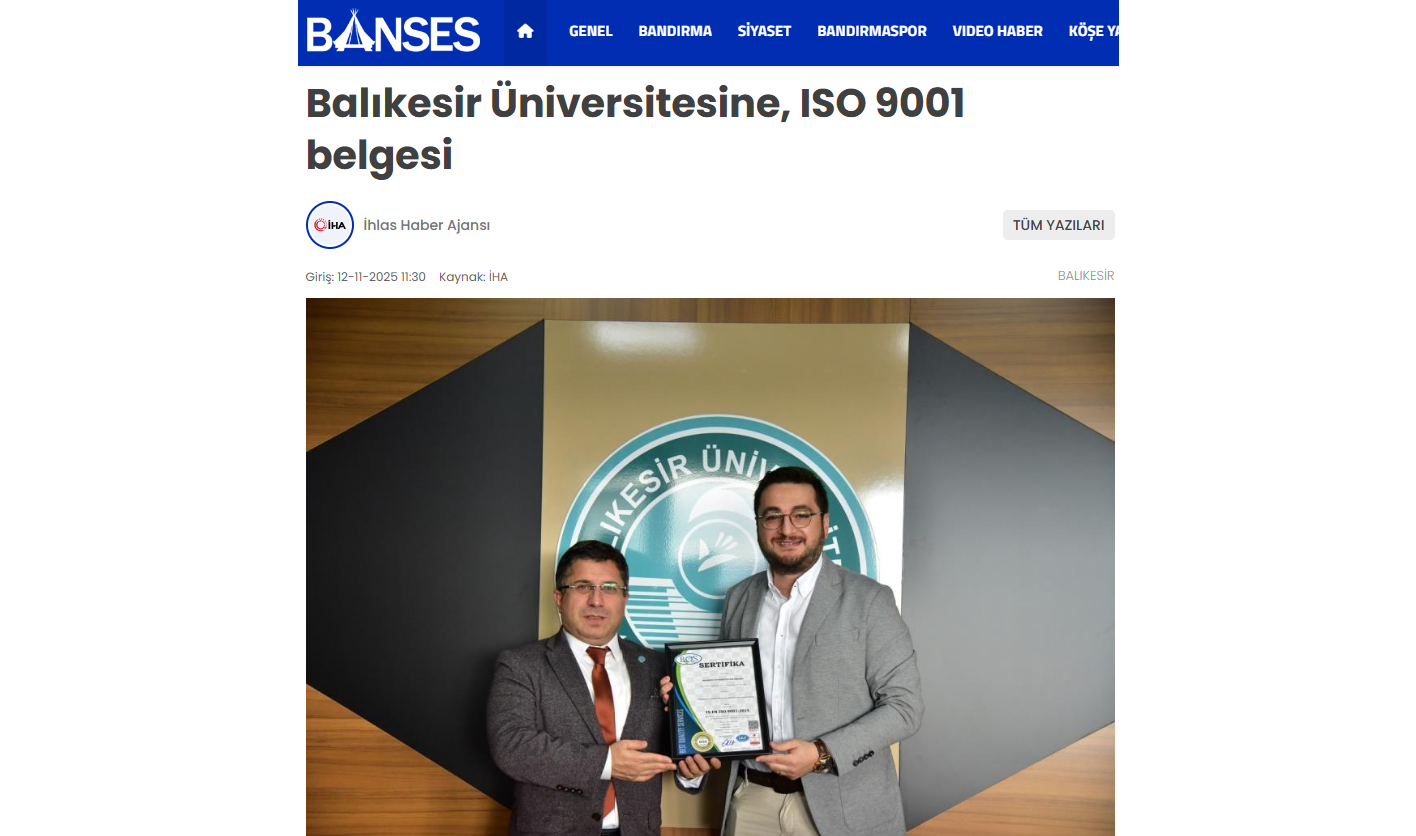 Balıkesir Üniversitesine, ISO 9001 Belgesi