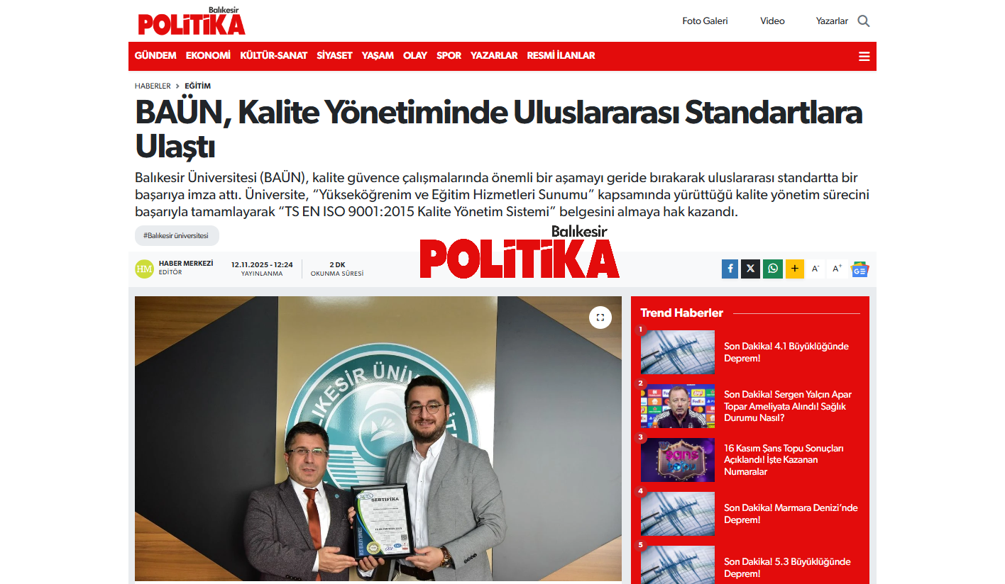 BAÜN, Kalite Yönetiminde Uluslararası Standartlara Ulaştı