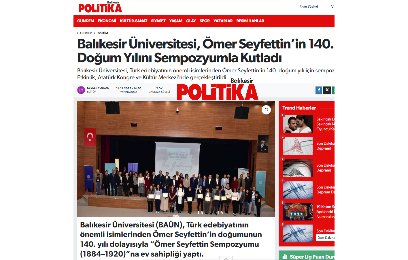 Balıkesir Üniversitesi, Ömer Seyfettin’in 140. Doğum Yılını Sempozyumla Kutladı