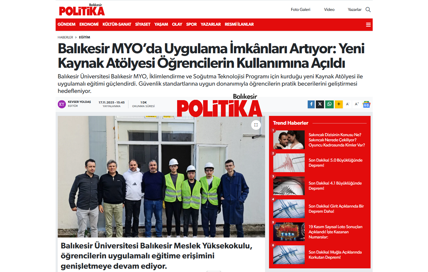 Balıkesir MYO’da Uygulama İmkânları Artıyor: Yeni Kaynak Atölyesi Öğrencilerin Kullanımına Açıldı