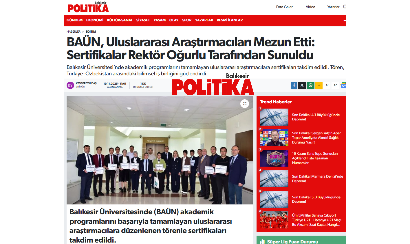 BAÜN, Uluslararası Araştırmacıları Mezun Etti: Sertifikalar Rektör Oğurlu Tarafından Sunuldu