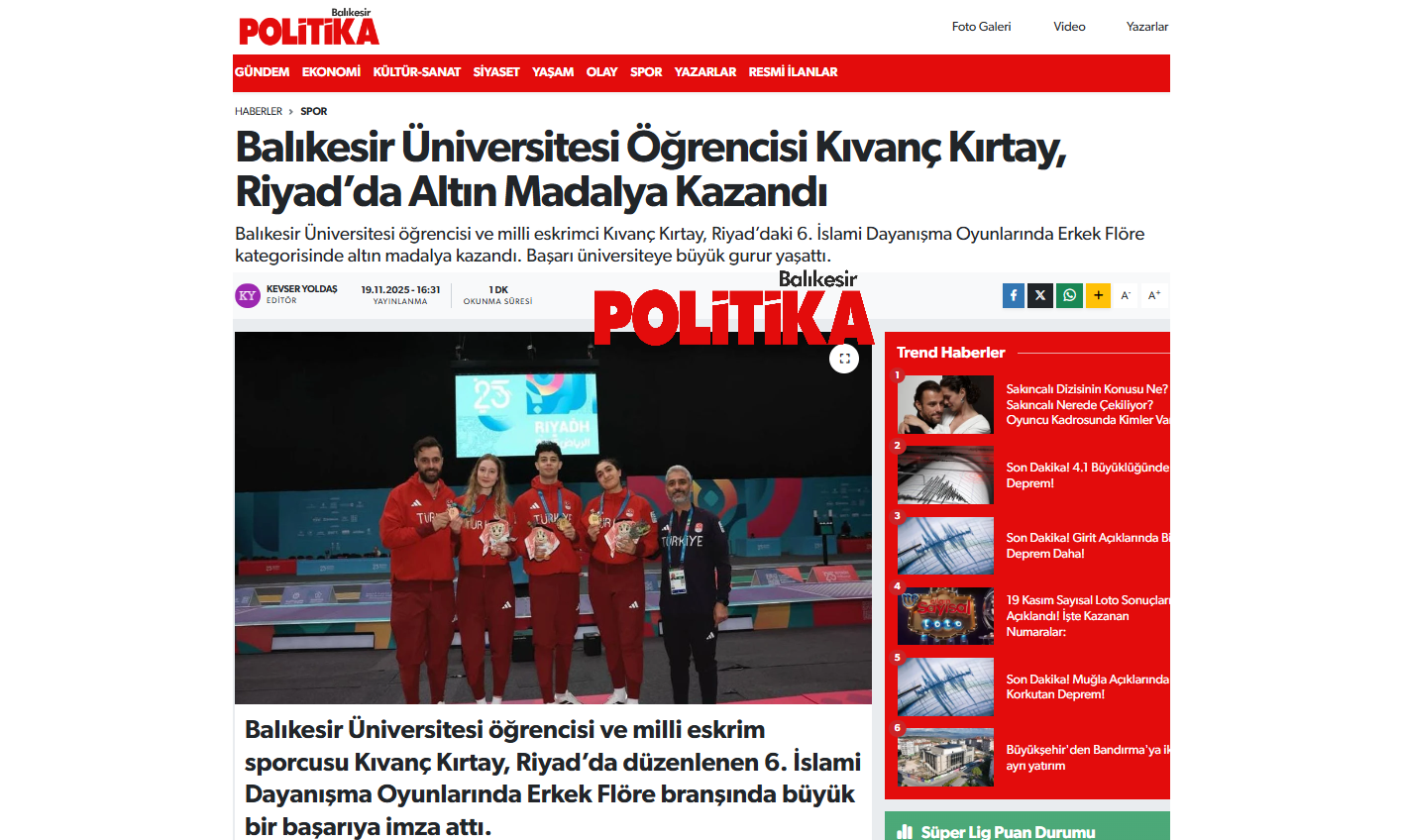 Balıkesir Üniversitesi Öğrencisi Kıvanç Kırtay, Riyad’da Altın Madalya Kazandı