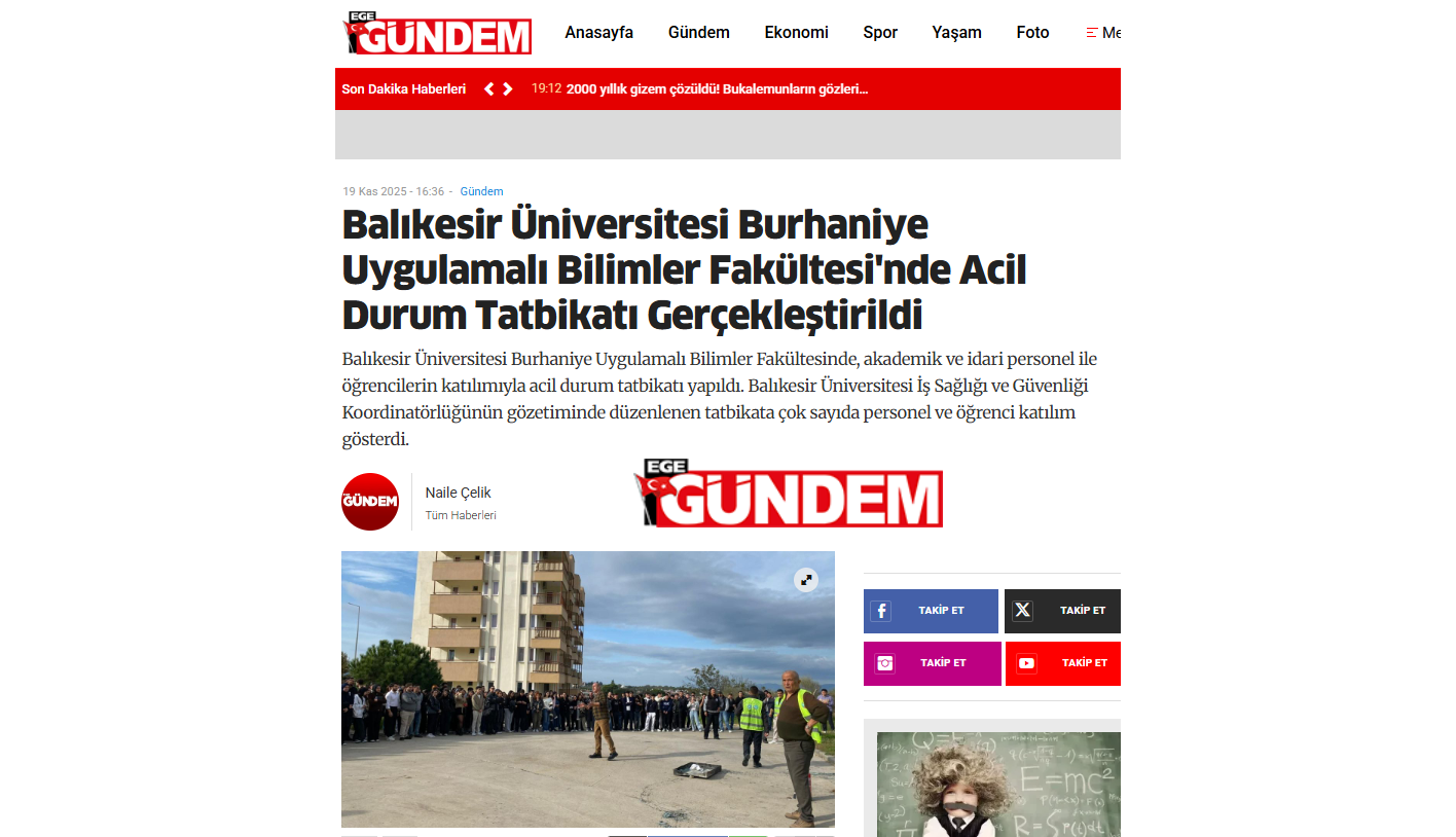Balıkesir Üniversitesi Burhaniye Uygulamalı Bilimler Fakültesi'nde Acil Durum Tatbikatı Gerçekleştirildi